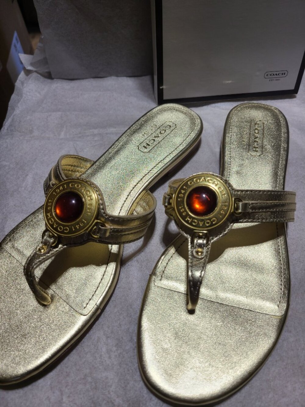 Coach Rumor Metallic Gold Leather Amber Cabochon Medallion Thong Sandals - Picture 3 of 5